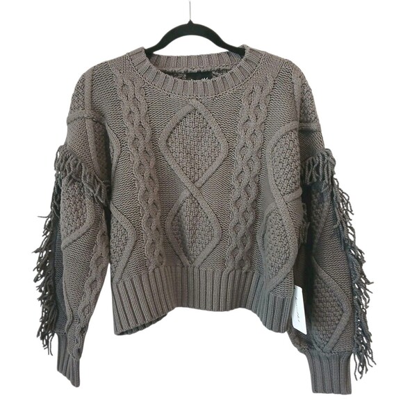 NWT $118 ANTHROPOLOGIE  LINE & DOT Charcoal GrayCable Knit Sweater Fringe Small - Picture 2 of 13